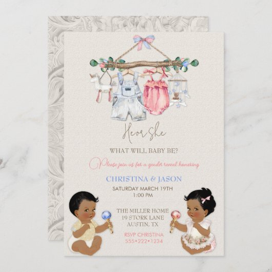 Baby Clothes Geschlecht offenbart Elfenbeinrosa Bl Einladung (Vorne/Hinten)