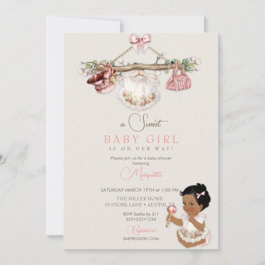 Baby Clothes Girl Baby Dusche Elfenbeinrosa Einladung (Vorderseite)