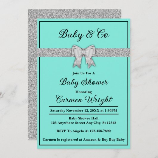 Baby & Co Turquoise & Silver Glitzer Babydusche Einladung (Vorne/Hinten)