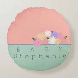 Baby Colorful Daisies on Soft Peach & Jungle Mist Rundes Kissen
