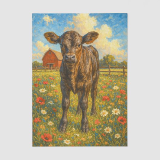 Baby Cow in Pasture Farmhouse Decoupage Paper Seidenpapier (Vorderseite)