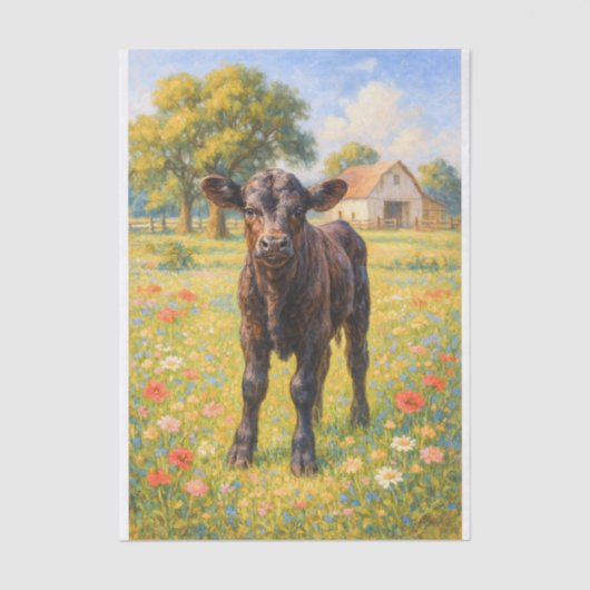 Baby Cow in Pasture Farmhouse Decoupage Paper  Seidenpapier (Vorderseite)