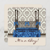 Baby Crib Blue Brown Damask Baby Boy Dusche Einladung (Vorne/Hinten)