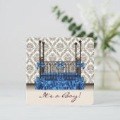 Baby Crib Blue Brown Damask Baby Boy Dusche Einladung (Stehend Vorderseite)