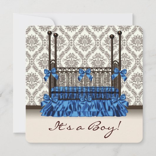 Baby Crib Blue Brown Damask Baby Boy Dusche Einladung (Vorderseite)