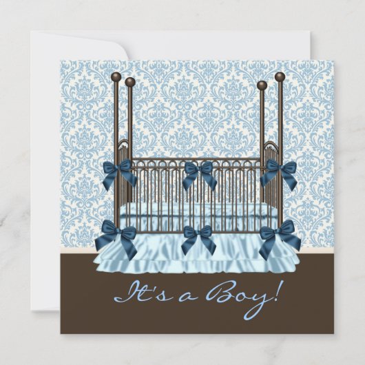 Baby Crib Blue Brown Damask Baby Boy Dusche Einladung (Vorderseite)