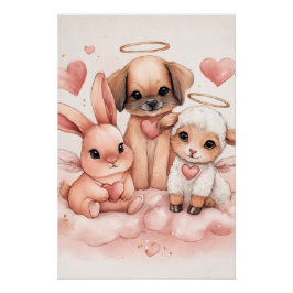 Baby Cupid Animals Nursery Wall Art | Watercolor Poster