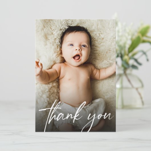 Baby Custom Fotos Moderne Handschrift Dankeskarte (Stehend Vorderseite)