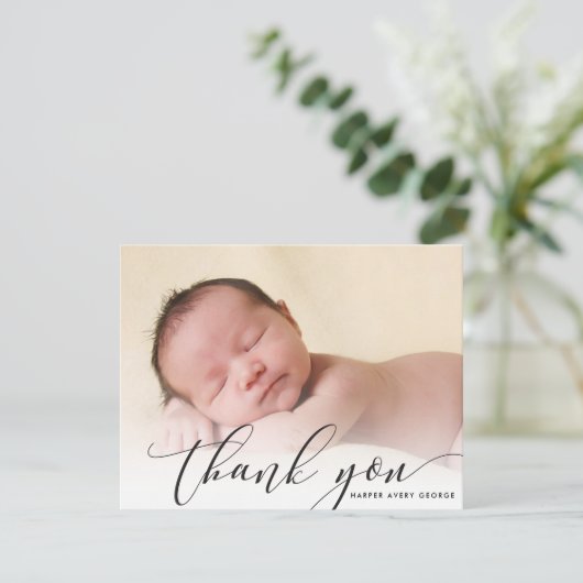 BABY DANK YOU modern luxuriöse Kalligraphie schwar Dankeskarte (Stehend Vorderseite)