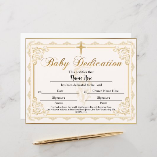 Baby Dedication Certificate Gold (Vorderseite/Rückseite Beispiel)