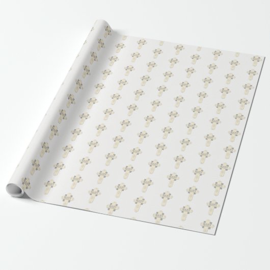 Baby Dedication Cream & Gray Cross Geschenkpapier (Ungerollt)