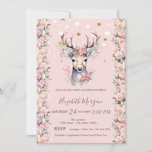 Baby Deer Blume Holly Berry Stars Babydusche Einladung (Vorderseite)