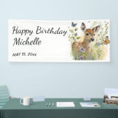 Baby Deer Butterfly Foliage Floral Happy Birthday Banner (Messe)