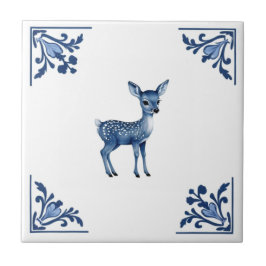 Baby Deer Fawn Delft Blue und White Corners Fliese