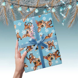 Baby Deer, Fawn, Doe, Rentier 🦌 Blau, Schneeflock Geschenkpapier