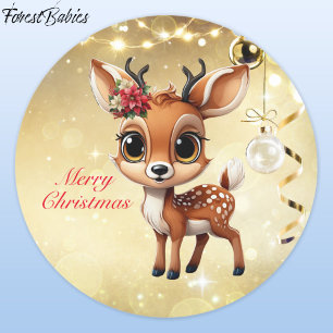 Baby Deer, Fawn, Doe, Rentier 🦌 🎄 frohe Weihnach Runder Aufkleber