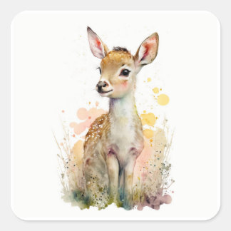 Baby Deer | Fawn | Holzart Quadratischer Aufkleber