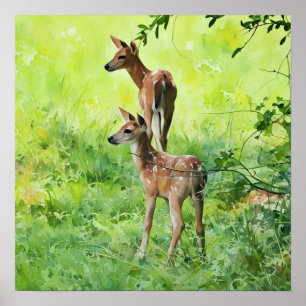 Baby Deer Fawn Twins in Nature Wasserfarbe Kunst Poster