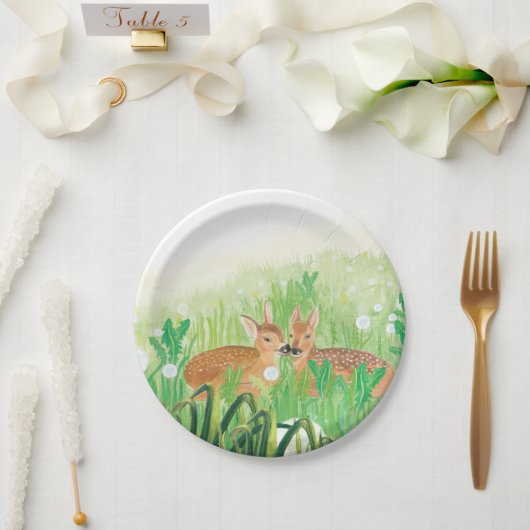 Baby Deer - Fawns in Tall Grass Illustration Pappteller (Hochzeit)