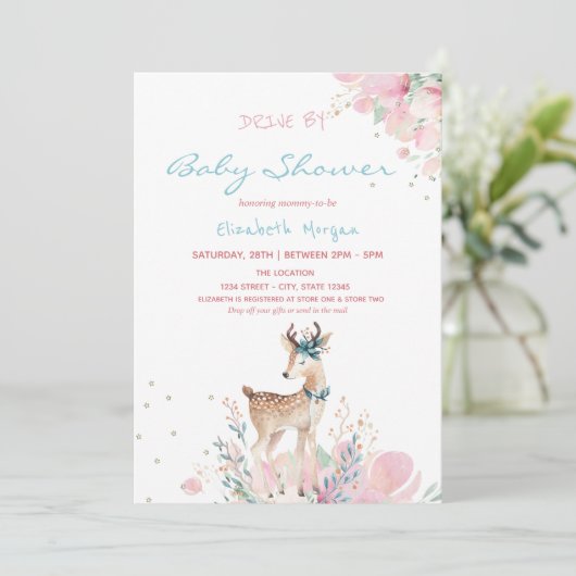 Baby Deer Floral Drive by Baby Dusche Einladung (Stehend Vorderseite)