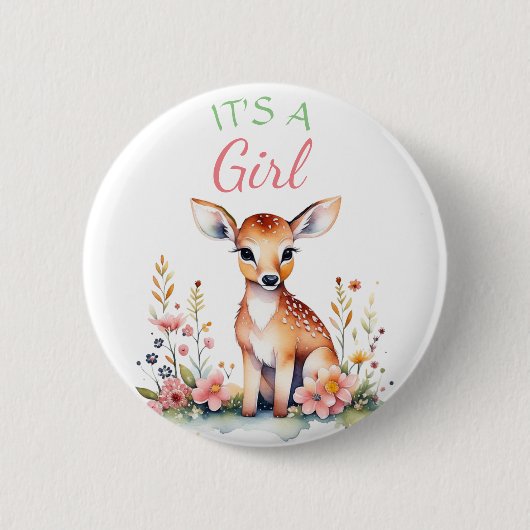 Baby Deer in Blume | Es ist eine Mädchen-Babydusch Button (Vorderseite)