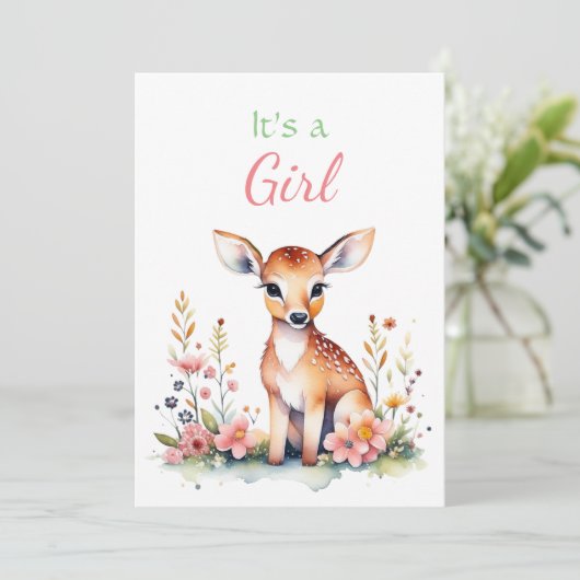 Baby Deer in Flowers Girl's Baby Shower Einladung (Stehend Vorderseite)