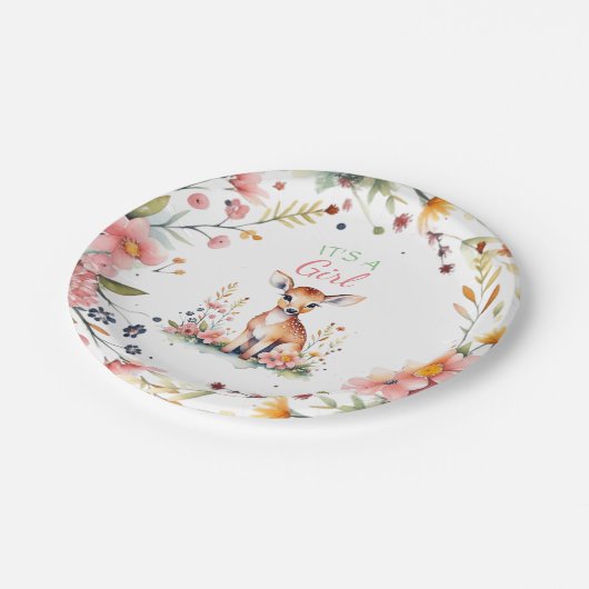 Baby Deer in Flowers | It's a Girl Baby Shower Pappteller (Schrägansicht)