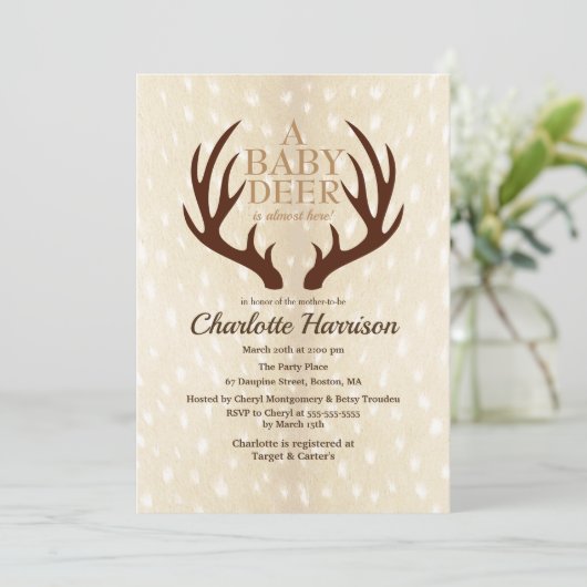 Baby Deer Light Fawn Fur & Antlers Kinderdusche Einladung (Stehend Vorderseite)