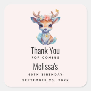 Baby Deer mit Antlern und Blume Geburtstag Danke Quadratischer Aufkleber