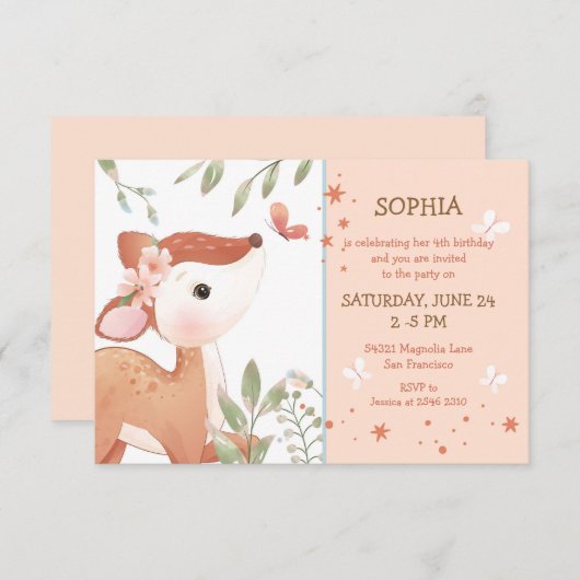 Baby Deer on Tree Birthday Einladung (Vorne/Hinten)