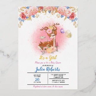 Baby Deer Pink Floral Woodland Girl Babydusche Folieneinladung