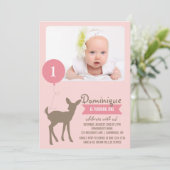 Baby Deer | Rosa Foto Kindergeburtstag Einladung (Stehend Vorderseite)