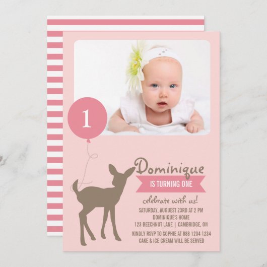 Baby Deer | Rosa Foto Kindergeburtstag Einladung (Vorne/Hinten)