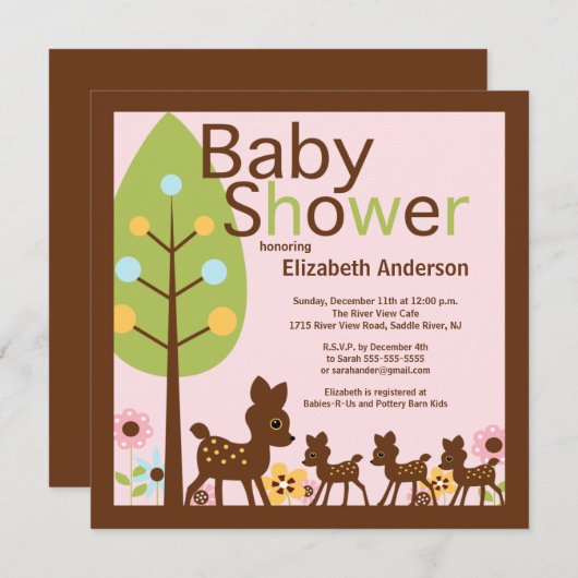 Baby Deer Triplets Multiple Baby Dusche Einladung (Vorne/Hinten)