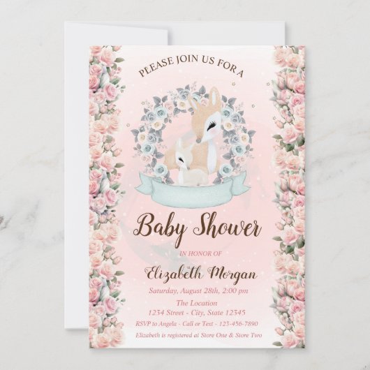 Baby Deers Blume Rose Babydusche Einladung (Vorderseite)