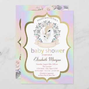 Baby Deers Frame Rose Holographic Baby Shower Einladung