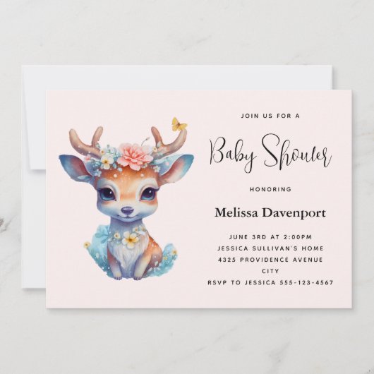 Baby Dei mit Antlers and Blume Babydusche Einladung (Vorderseite)