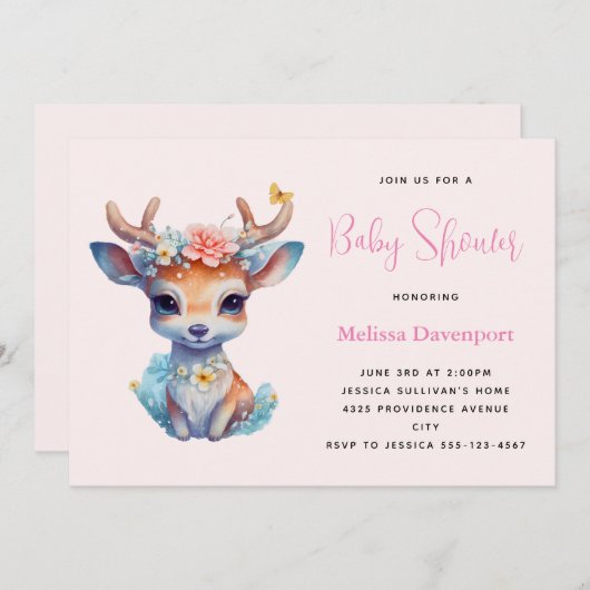 Baby Dei mit Antlers and Blume Babydusche Einladung (Vorne/Hinten)