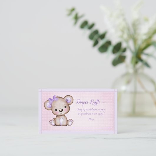 Baby Diaper Raffle Niedliche Lila Bärenmädchen Dus Begleitkarte (Stehend Vorderseite)