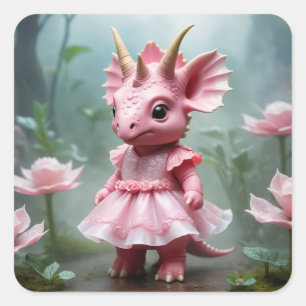 Baby Dino in einem rosa Kleid Quadratischer Aufkleber