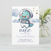 Baby Dinosaur Astronauten Junge 1. Geburtstag Einladung (Stehend Vorderseite)