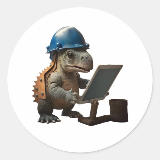 Baby-Dinosaurier-Industrietechniker mit Tablette Runder Aufkleber (Vorderseite)