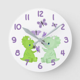 Baby-Dinosaurier und Schmetterlinge Runde Wanduhr