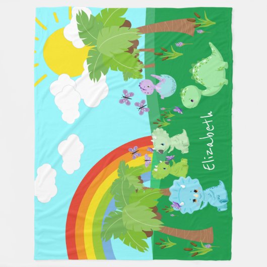 Baby Dinosaurs with Butterflies, Rainbow und Sun Fleecedecke (Vorderseite)