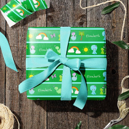 Baby Dinosaurs with Butterflies, Rainbow und Sun Geschenkpapier