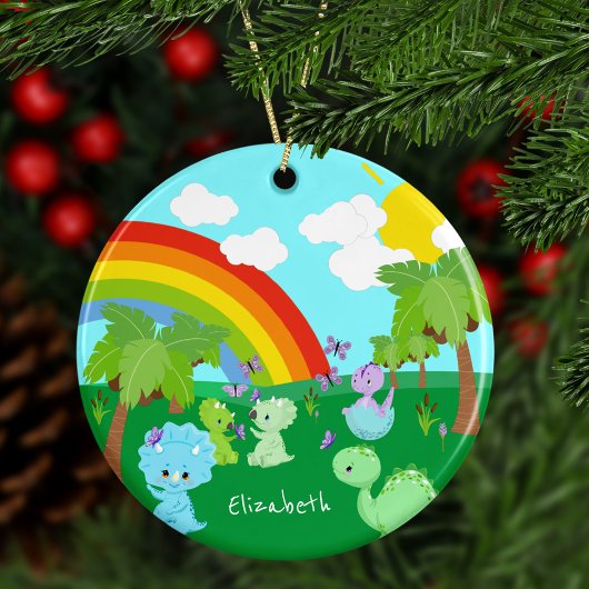 Baby Dinosaurs with Butterflies, Rainbow und Sun Keramik Ornament