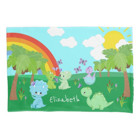 Baby Dinosaurs with Butterflies, Rainbow und Sun Kissenbezug (Vorderseite)