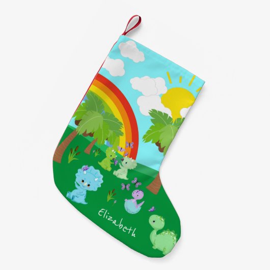 Baby Dinosaurs with Butterflies, Rainbow und Sun Kleiner Weihnachtsstrumpf (Vorderansicht (hängend))