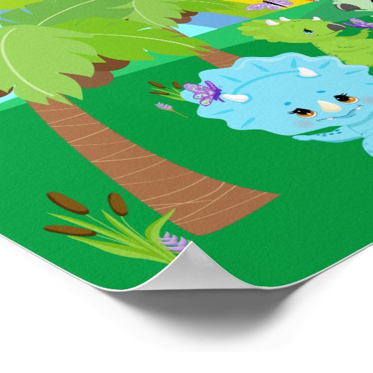 Baby Dinosaurs with Butterflies, Rainbow und Sun Poster (Ecke)