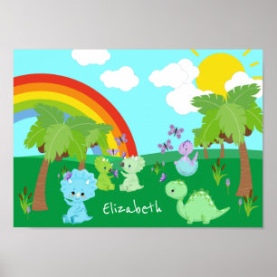 Baby Dinosaurs with Butterflies, Rainbow und Sun Poster